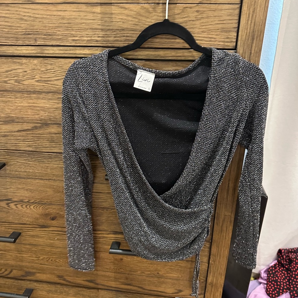 Shimmering Black Long Sleeve Wrap Top